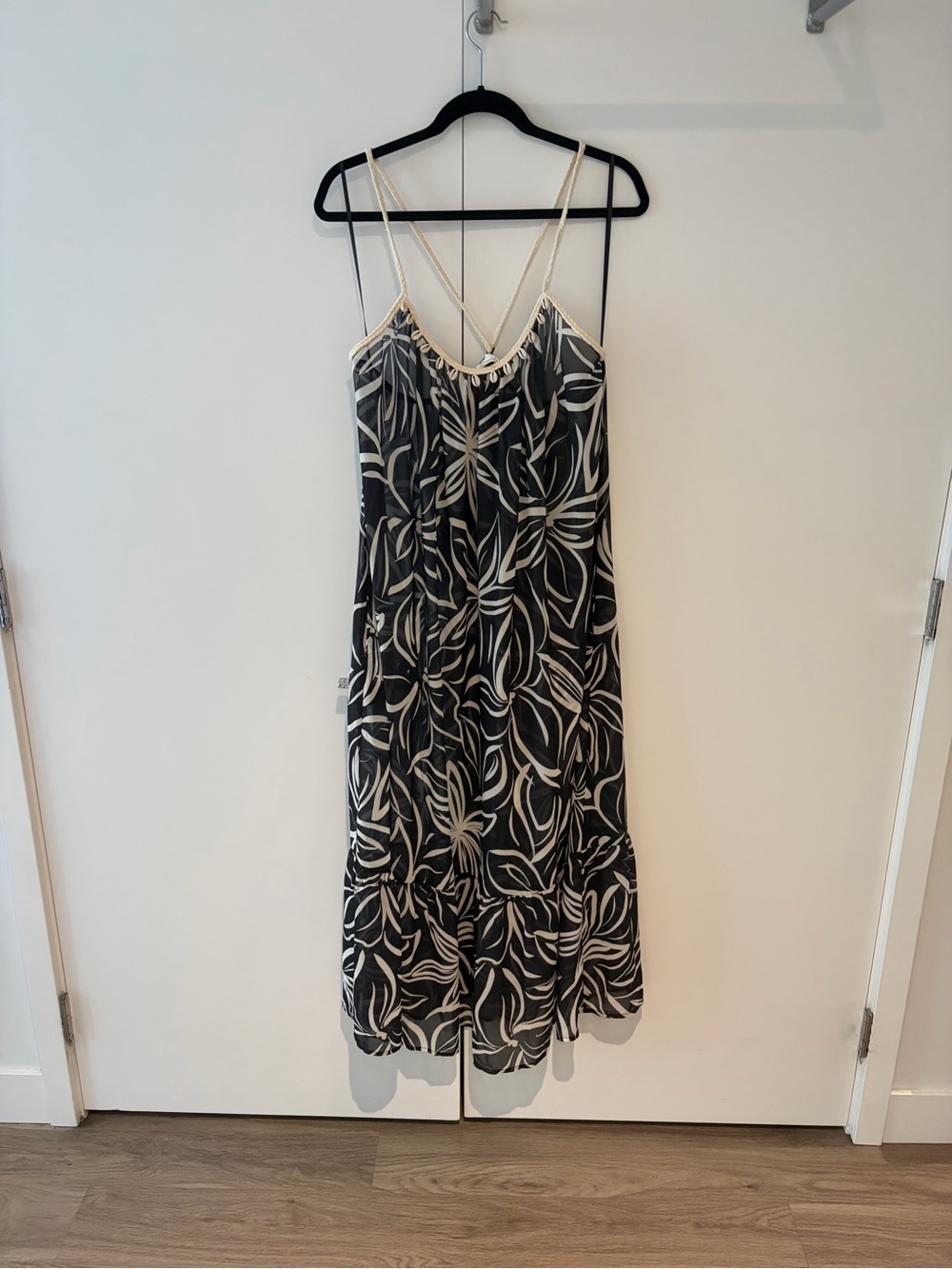 Black and Cream Floral Slip Coverup with Contrast Trim